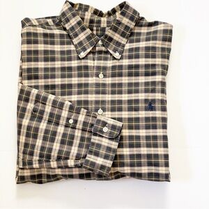 Ralph Lauren Blue Label Men's Tan Navy Plaid Cotton Button Down Casual Shirt XL